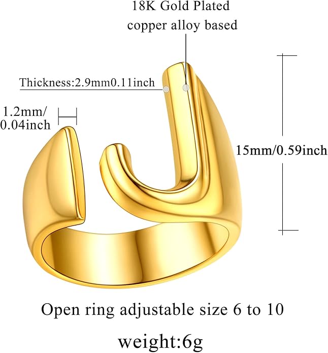 FindChic Customizable Initial Ring Statement 18K Gold Plated Fashion Cuff Rings for Women Alphabet Letter A to Z Resizable Knuckle Ring (with Gift Box)