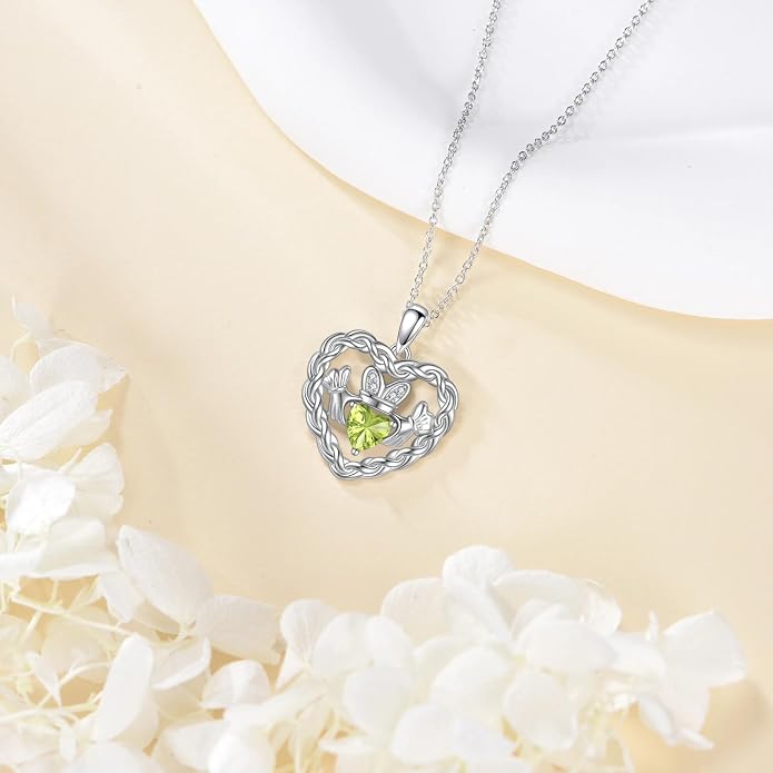 Birthstone Claddagh Heart Necklace 925 Sterling Silver Heart Celtic Knot Claddagh Necklace Pendant Irish Jewelry Gifts for Women Mom Wife Sister Christmas Birthday,18+2 inch