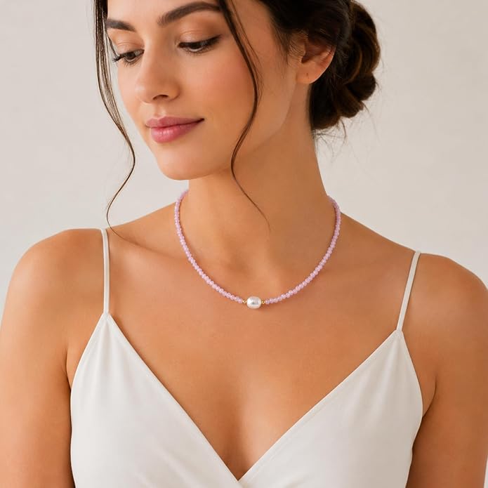 InfinityGemsArt Gemstone Gold Necklace For Women, Birthstone Natural Crystal Stone With Freshwater Pearl Beaded Jewelry, Gold Plated 18 Inch Chain
