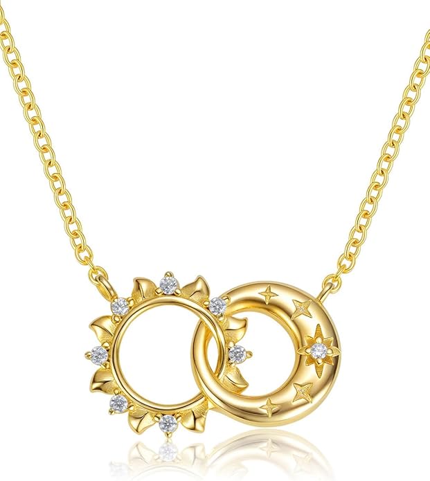 Celestial Necklace for Women: 14K Gold Plated Compass Sun Star Moon Phase Pendant, Boho Spiritual Gemstone Jewelry Anniversary Graduation Birthday Christmas Gift for Her Wife Girlfriend Daughter