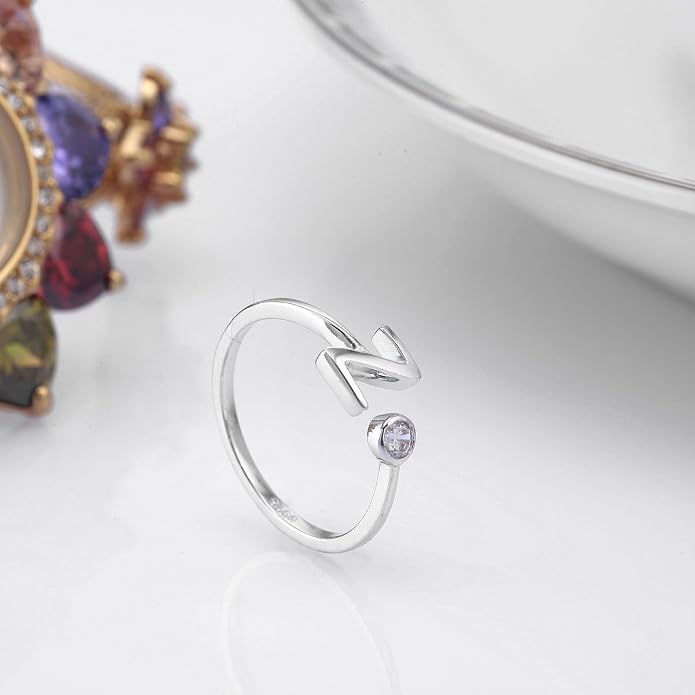 VIKI LYNN 925 Sterling Silver Rings Size 4.5 Adjustable Initial Letter Ring with Cubic Zirconia-Personalized Gifts for Women