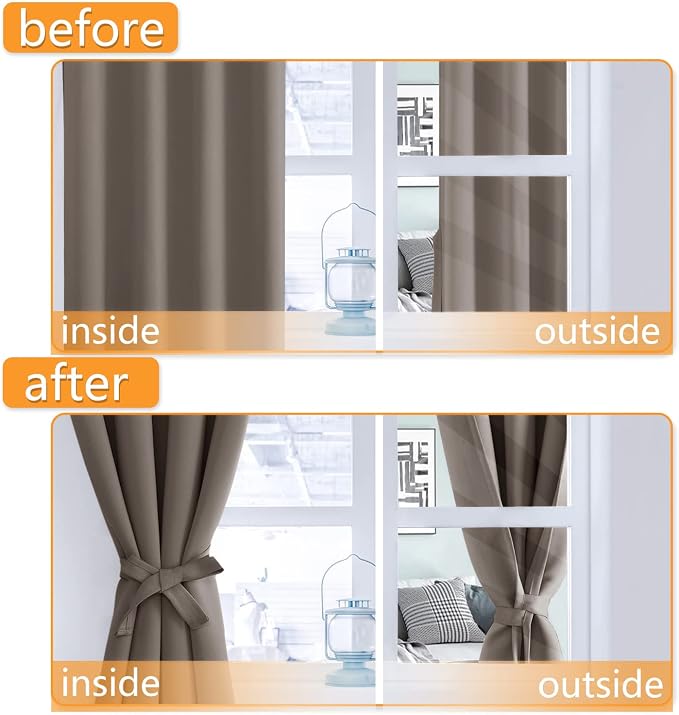 Hiasan Blackout Curtains for Bedroom, 52 x 54 Inches Long - Thermal Insulated & Light Blocking Window Curtains for Living Room/Kids Room, 2 Drape Panels Sewn with Tiebacks, Tan