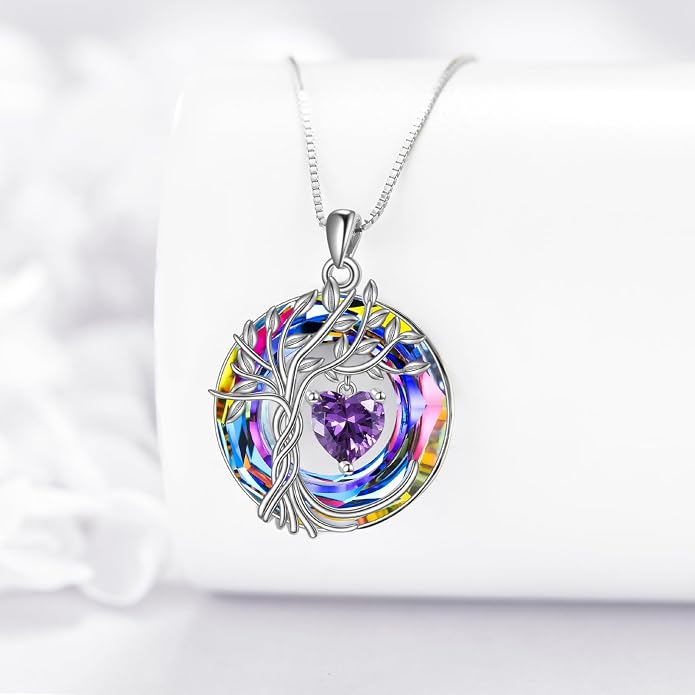 POPLYKE Mothers Day Gifts for Mom Her Wife Tree of Life Necklace 925 Sterling Silver Birthstone Pendant with Crystal Anniversary Birthday Wedding Jewelry for Women