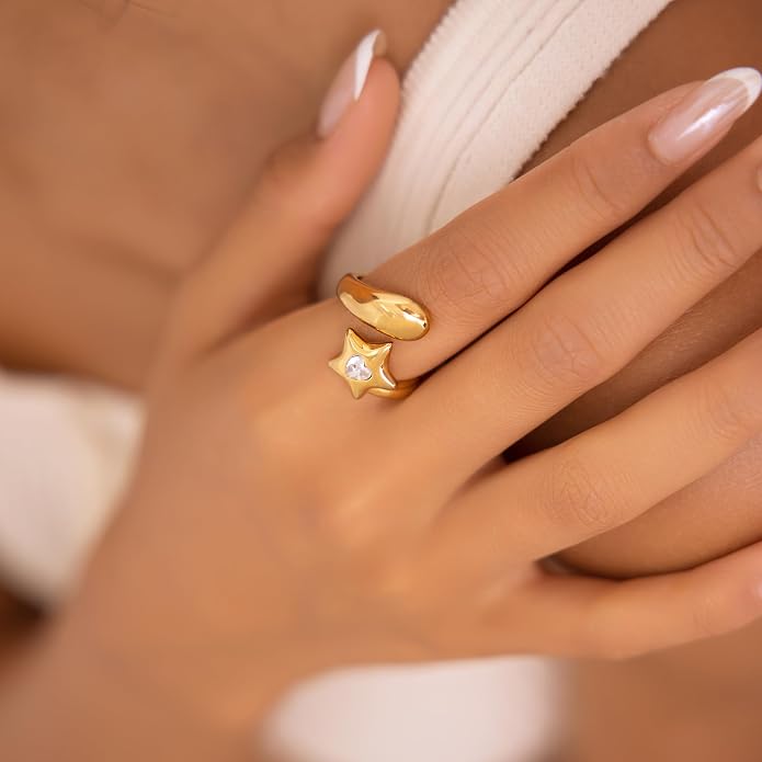 Chunky Gold Rings for Women Stainless Steel Non Tarnish Star&Heart Cubic Zirconia Teardrop Ring 18K Gold Plated Statement Dome Rings Stackable Jewelry for Women