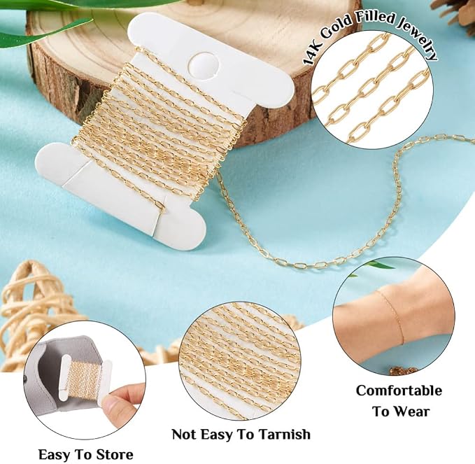 Elecrelive 3.28 Ft 14K Gold Filled Paperclip Chains Brass Permanent Jewelry Chains 2.5mm Oval Link Cable Chains with 1 Square Velvet Bag for Women's Trendy Layering Necklace Bracelet Making