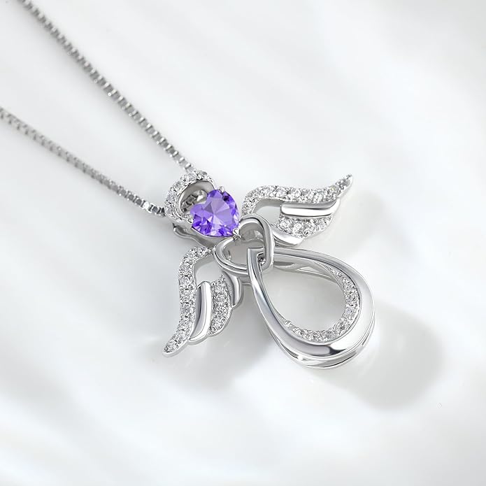 925 Sterling Silver Guardian Angel Pendant Necklace for Women with Birthstone Cubic Zirconia Little Angel Pendant Necklace Jewelry 18 inch Chain