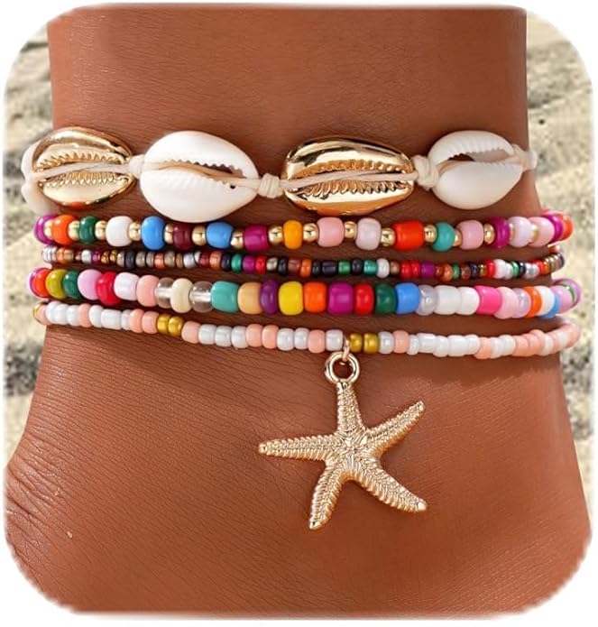 Boho Shell Ankle Bracelet Set for Women, 5 Pairs 14K Boho Bead Handmade Adjustable Anklet, Hawaiian Beach Seashell Starfish Foot Jewelry Gifts