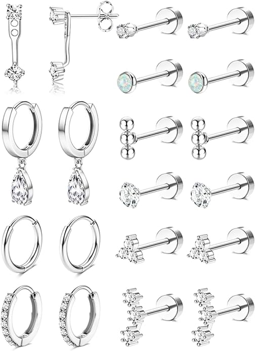 Stainless Steel Stud Earrings Set for Women Hypoallergenic Flat Back Cartilage Earrings Screw Back Huggie Hoop Earrings Multiple Piercing Cubic Zirconia Helix Tragus Jewelry