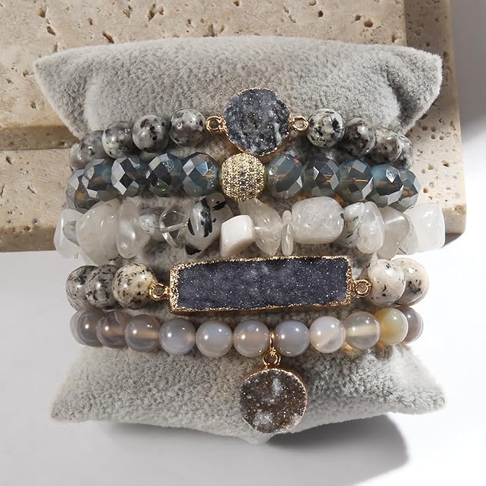 Yomisa 5PCS 6PCS Natural Boho Beaded Bracelets/Bangle for Women Men,Healing Turquoise Jasper Agate Crystal Gemstone Stone Chakra Multilayer Wrap Bohemian Handmade Jewelry Beads Stretch Bracelet Set