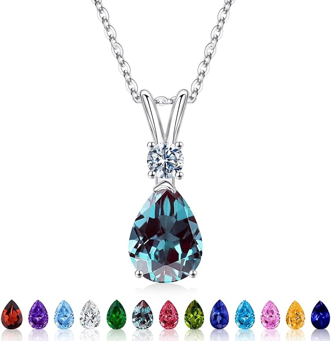Iefil 925 Sterling Silver Birthstone Necklaces for Women - Teardrop Birthstone Jewelry, Anniversary Birthday Gifts for Women Wife Her
