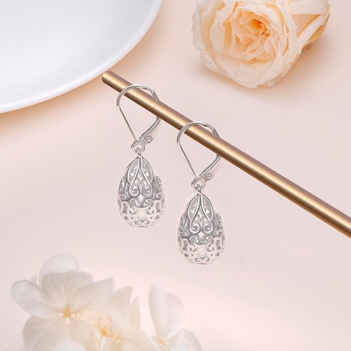 Alphm Filigree Dangle Drop Earrings 925 Sterling Silver Filigree Leverback Teardrop Earrings French Style Lightweight Hypoallergenic Jewelry Gifts for Women