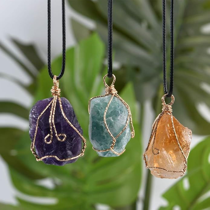 YGLINE Natural Raw Stone Healing Crystal Necklace Wire Wrapped Pendant for Womens Ladies