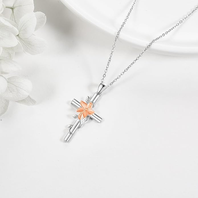 Flower Cross Necklace 925 Sterling Silver Carnation/Rose/Lily/Daisy Cross Necklace Birth Flower Jewelry for Women