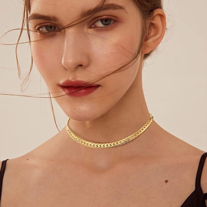 FindChic Black/14K Gold Plated Herringbone Choker Chain Necklace for Women | Waterproof Stainless Steel, Dainty Layering, Flat Snake Chain, Non-Tarnish, Hypoallergenic, Adjustable Extender, Gift Box