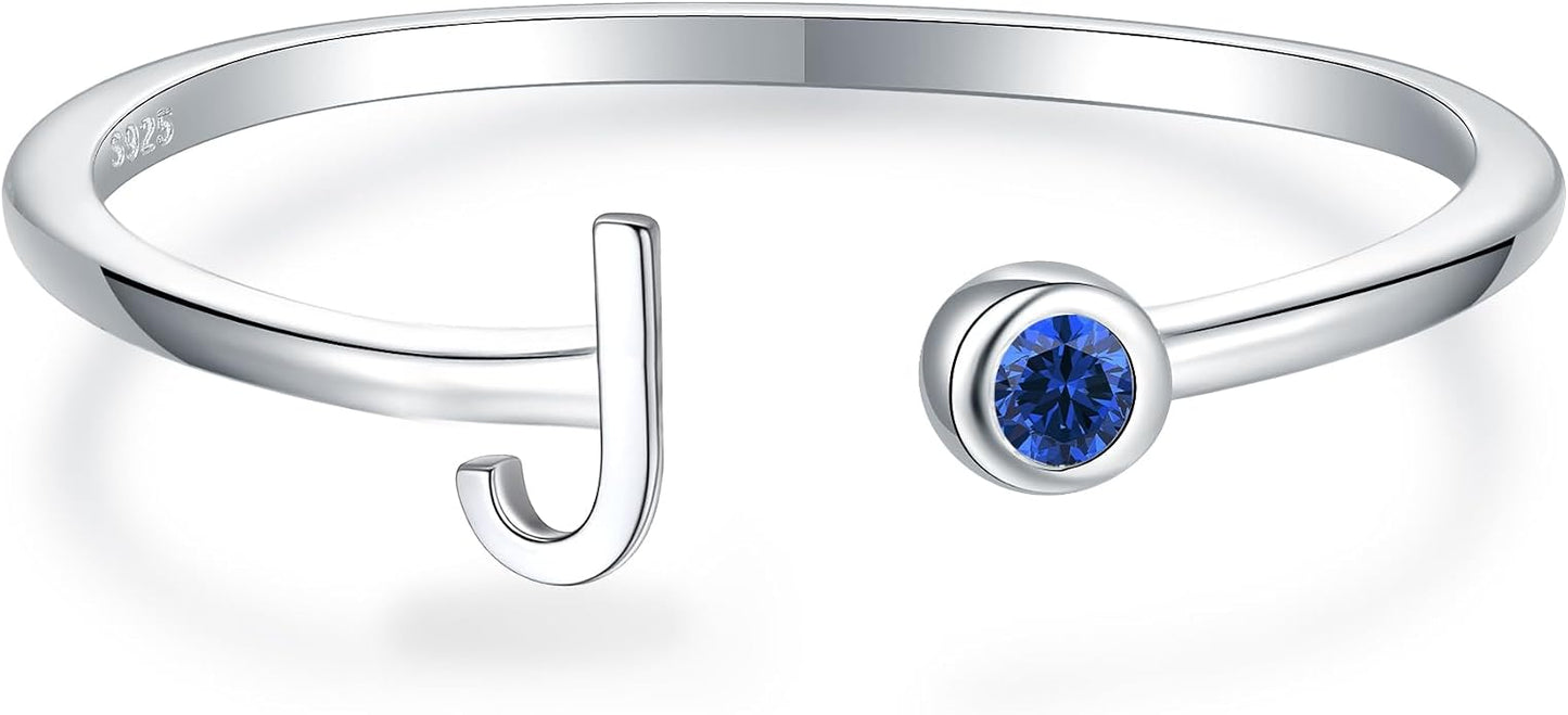 925 Sterling Silver Initial Letter Birthstone Rings for Women Adjustable 1-12 Month Birthstone Alphabet Stacking Ring for Teens Girls Stackable Birthstone Rings Birthday Jewelry Gift for Daughter Mom