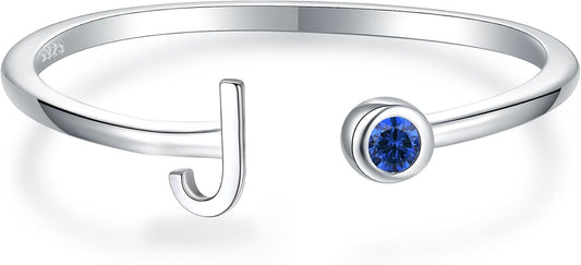925 Sterling Silver Initial Letter Birthstone Rings for Women Adjustable 1-12 Month Birthstone Alphabet Stacking Ring for Teens Girls Stackable Birthstone Rings Birthday Jewelry Gift for Daughter Mom