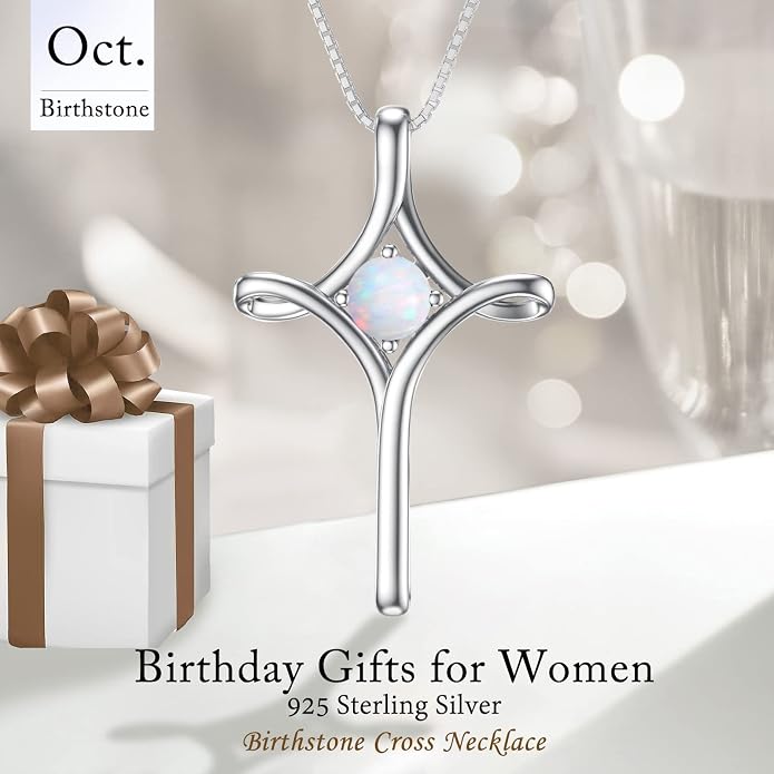 TOUPOP Cross Necklace for Women 925 Sterling Silver Birthstone Cross Pendant Fine Jewelry Anniversary Birthday Mothers Day Gifts for Mom Wife Her