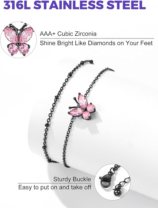 Richsteel Double Layer Heart/Butterfly Birthstone Anklet for Women Non Tarnish Waterproof, Silver/Gold/Black Stainless Steel 8.5-10.5 Inch Adjustable Chain Anklets Jewelry Gifts for Her
