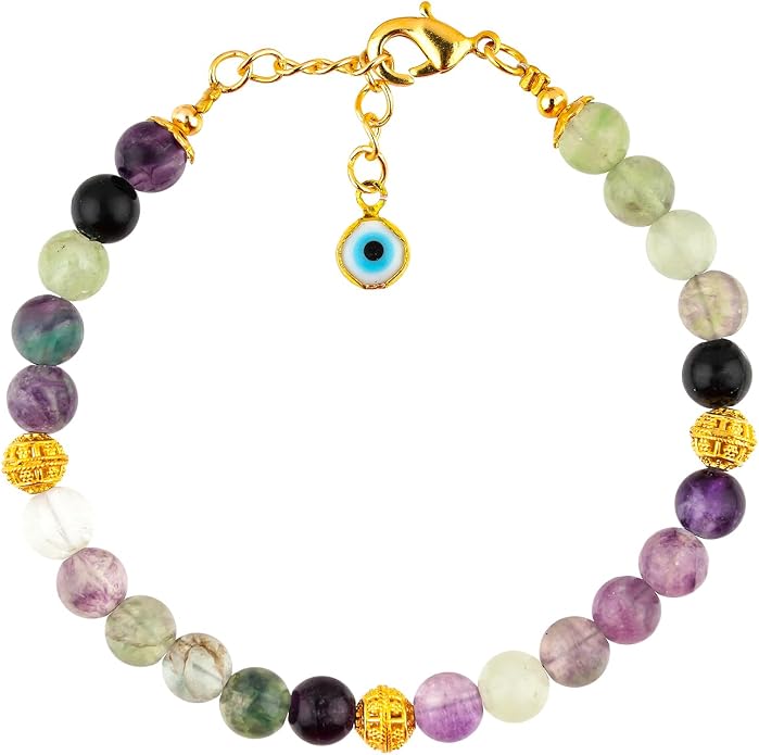 AAA Grade Natural Gemstone Beaded Bracelet, 14K Gold Plated with Evil Charm, Wicca & Reiki Healing Crystals, Handmade Bohemian Jewelry, Christmas Gift for Women (7+1inch)