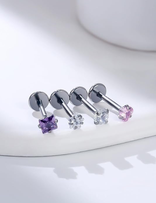 20G 18G 16G 14K Gold Filled Threadless Flat Back Earrings Studs Surgical Stainless Steel Opal CZ Nose Rings Studs Tragus Helix Conch Cartilage Earrings Piercing Jewelry For Women Men Silver