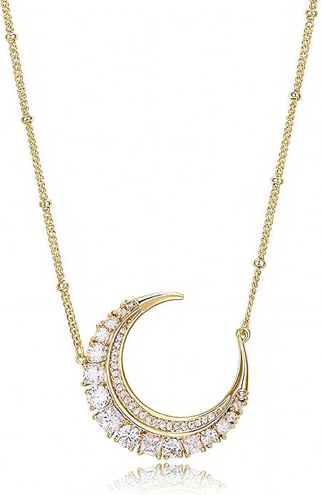 Miss mimi CZ Pendant Necklace, Golden Yellow Princess Cut or Crescent Moon, 18K Gold Plated, Adjustable 16” or 18 + 2”in Chain, Celestial & November Birthstone Citrine Style