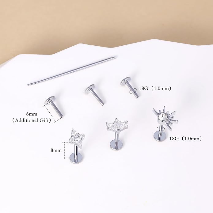 limerencia Titanium Internally Threaded Flat Back Earrings, 3 Pcs Implant Grade Hypoallergenic Studs, 18G Tragus Helix Conch Cartilage Piercing Jewelry for Sensitive Ears Women Men, Gold/Silver