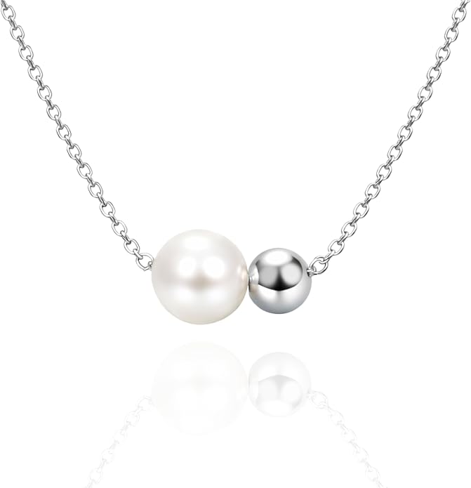 QueenBee Double Floating Pearl & Bead Bolo Necklace - 8mm Pearl with 14K Gold Filled or 925 Sterling Silver Accents, Adjustable Slider Chain, No-Clasp Waterproof Jewelry