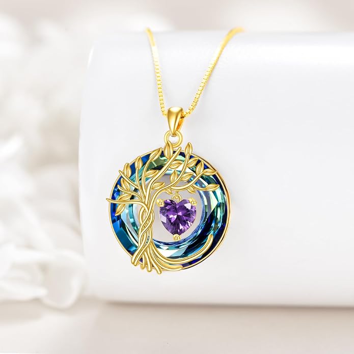 POPLYKE Mothers Day Gifts for Mom Her Wife Tree of Life Necklace 925 Sterling Silver Birthstone Pendant with Crystal Anniversary Birthday Wedding Jewelry for Women