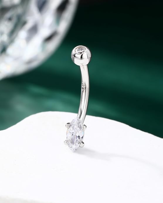 COCHARM 14K Gold Marquise CZ Belly Button Rings - White Yellow Diamond Navel Rings for Women Men - 14G Belly Piercing Jewelry