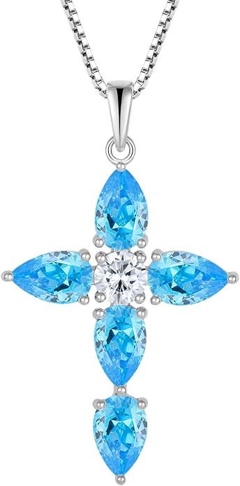 Cross Necklace for Women 925 Sterling Silver Teardrop Birthstone Pendant Religious Jewelry Gifts for Women