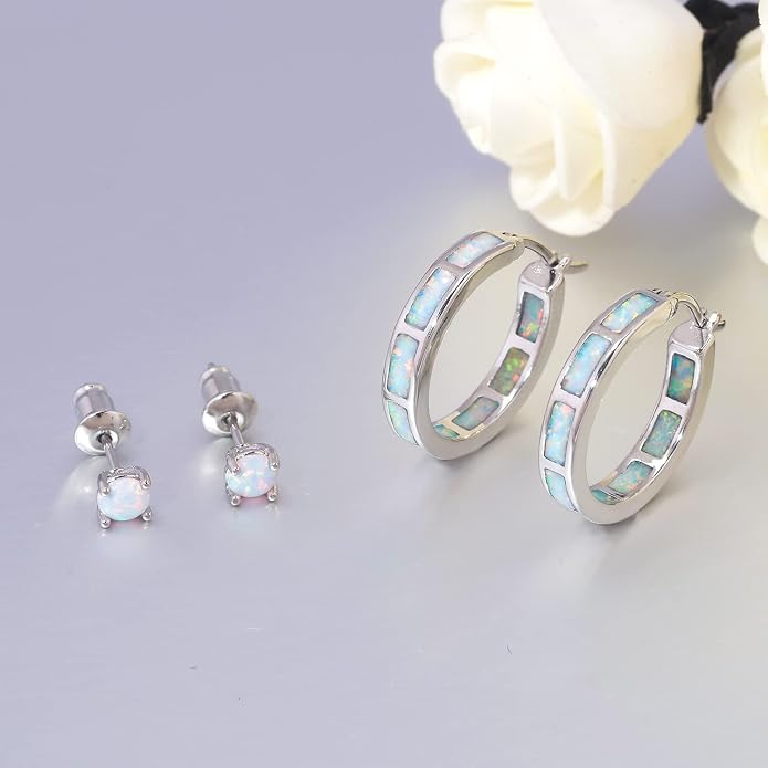 CiNily Sterling Silver/Rose Gold/Yellow Gold Plated Hoop Earrings 20mm,Multicolor Opal Small Hoop Earrings for Women Girls Hypoallergenic Jewelry for Sensitive Ears Gemstone Earrings
