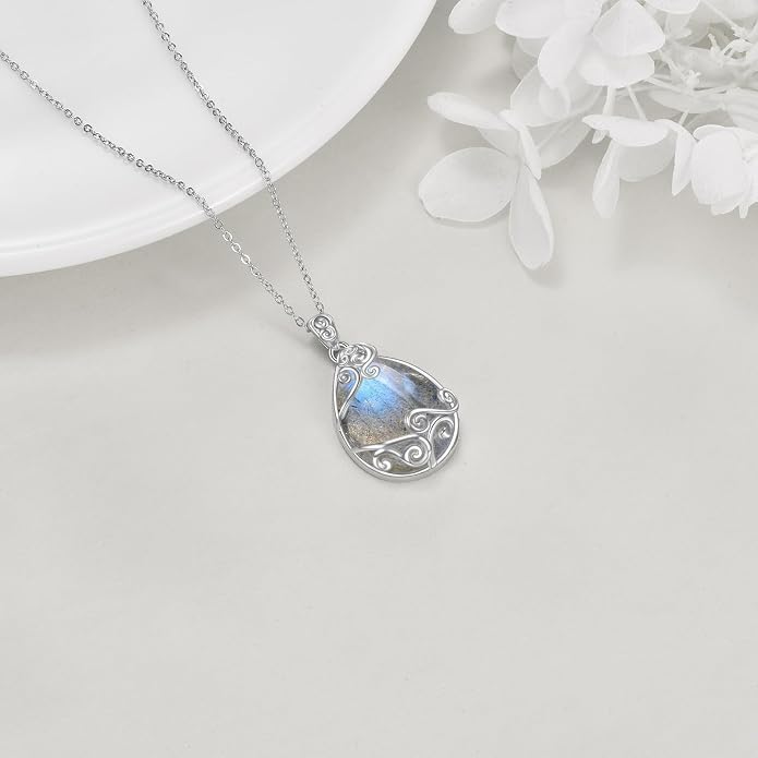 YAFEINI 925 Sterling Silver Moonstone Necklace Filigree Teardrop Pendant Necklace Jewelry for Women Girls