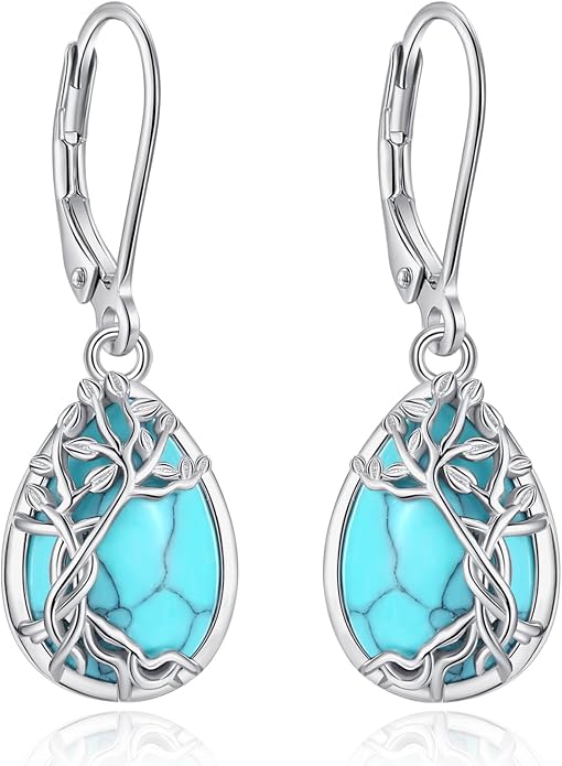 Vito 925 Sterling Silver Teardrop Earrings for Women, Moonstone Turquoise Drop Dangle Earrings Cat Snake Turtle Tree of Life Leverback Earrings Boho Jewelry Gift for Mom Wife