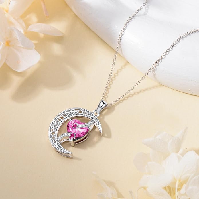 TOUPOP Moon and Star Birthstone Necklace for Women 925 Sterling Silver Celtic Moon Jewelry Birthday Mothers Day Gifts for Mom Wife Her