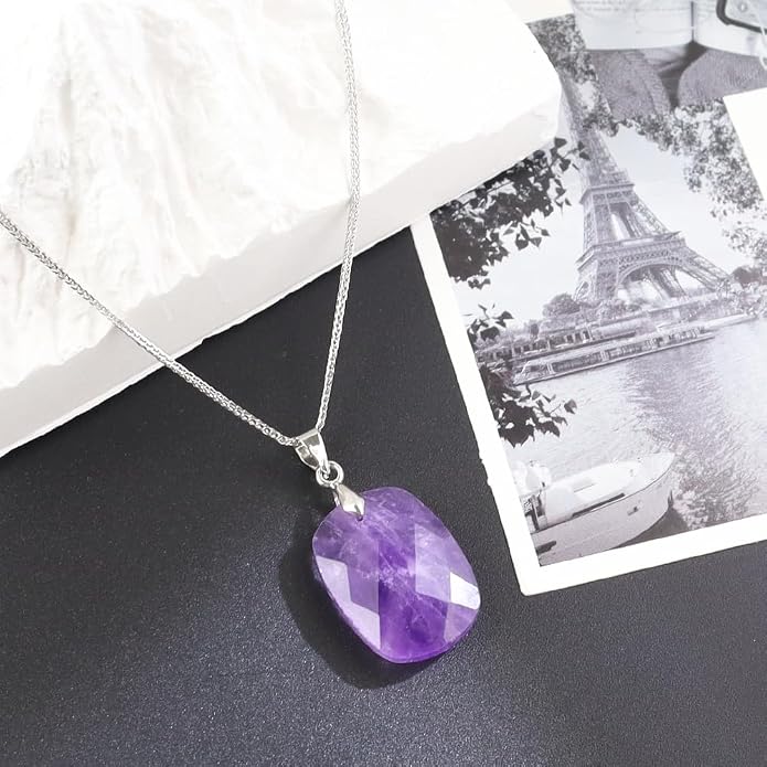 iSTONE 925 Sterling Silver Natural Crytral for Womens Pendant Necklace, Gemstone Birthstone with 17.8" Silver Chain Ladies