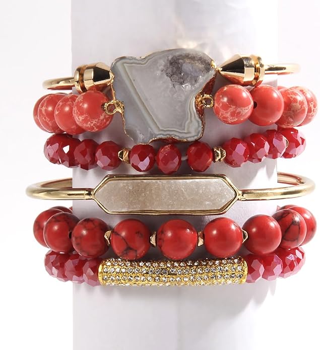Yomisa 5PCS 6PCS Natural Boho Beaded Bracelets/Bangle for Women Men,Healing Turquoise Jasper Agate Crystal Gemstone Stone Chakra Multilayer Wrap Bohemian Handmade Jewelry Beads Stretch Bracelet Set