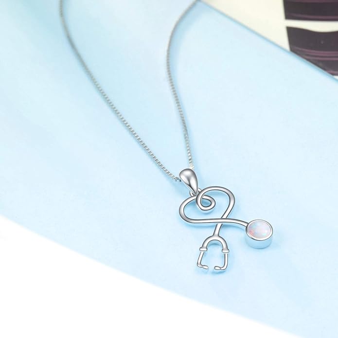 AOBOCO Stethoscope Necklace 925 Sterling Silver Embellished with 12 Months Birthstone Crystals from Austria, Graduation Gifts Medical Jewelry for Doctor Nurse Medical Student RN