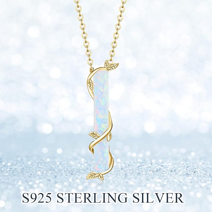Bar Opal Leaf Necklace For Women S925 Sterling Silver White Opal Pendant with Leaf Charm Bar Pendant Jewelry Gift For Mom Daughter Wife