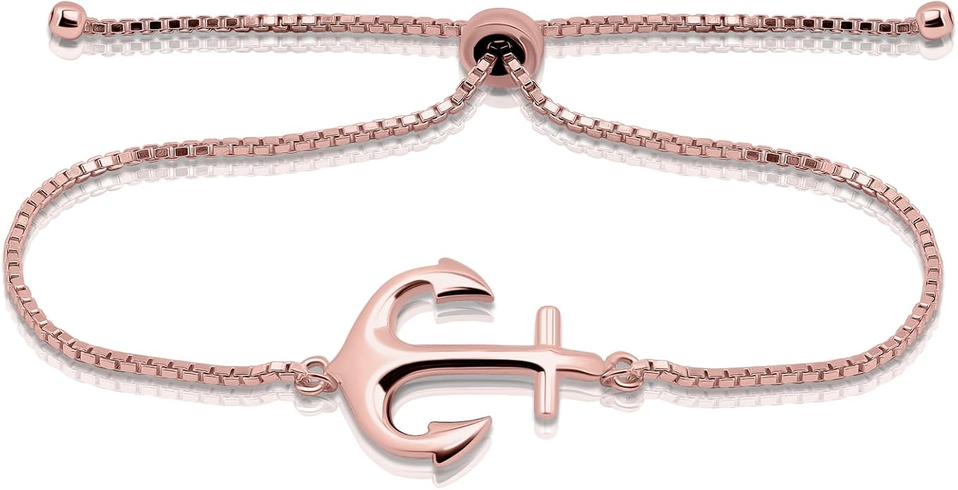 Hoops & Loops 925 Sterling Silver Sailor Anchor High Polished Hypoallergenic Anti-Tarnish Adjustable Bracelet for Women Men, Silver, Yellow Gold & Rose Gold