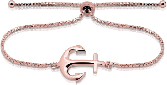 Hoops & Loops 925 Sterling Silver Sailor Anchor High Polished Hypoallergenic Anti-Tarnish Adjustable Bracelet for Women Men, Silver, Yellow Gold & Rose Gold