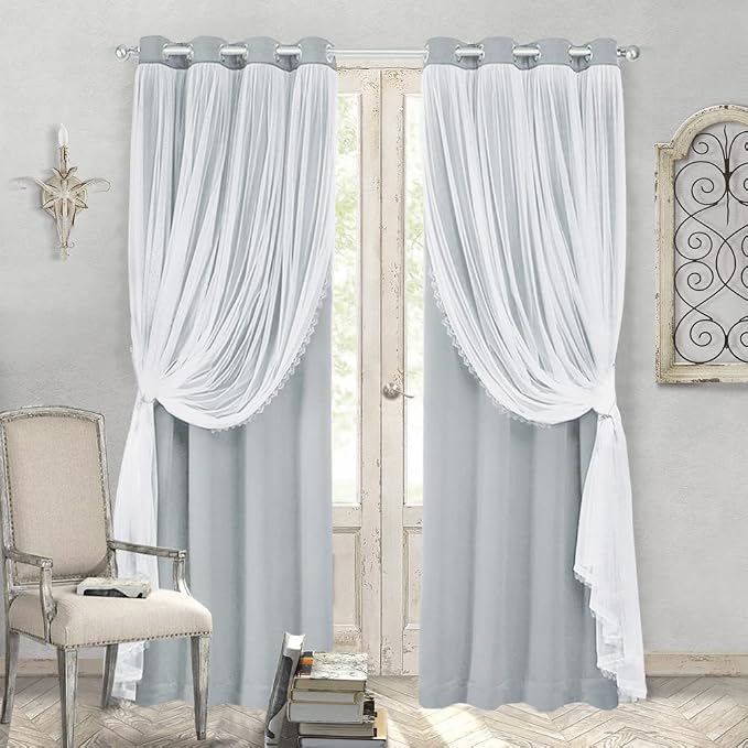Short Light Gray Blackout Curtains with White Sheer - Double Layered Grommet Window Treatment Decorations for Bedroom Living Room Nursery, 52 x 54 in, 2 Panels