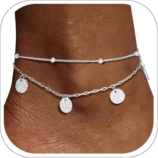 FOCALOOK 14K Gold Plated Anklets for Women Waterproof Plus Size Ankle Bracelet 8.5-10.5 Inch Adjustable Mariner/Figaro/Flat Snake/Cuban Link Chain Anklet Jewelry for Summer Beach Holiday