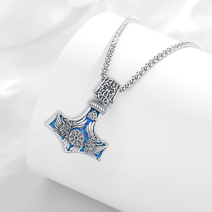 Thor Hammer Necklace for Women Men, S925 Sterling Silver Viking Mjolnir Necklace Pendant with Corlorful Opal Norse Runes Amulet Jewelry Gift