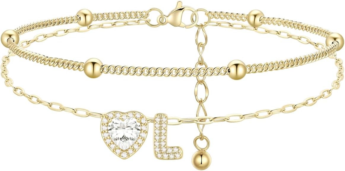 FindChic Silver/14K Gold Plated Layered CZ Initial Ankle Bracelet for Women | Waterproof Stainless Steel, Cubic Zirconia Letter Charm, Non-Tarnish, Hypoallergenic, Adjustable Extender, Summer Jewelry