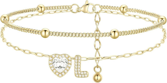 FindChic Silver/14K Gold Plated Layered CZ Initial Ankle Bracelet for Women | Waterproof Stainless Steel, Cubic Zirconia Letter Charm, Non-Tarnish, Hypoallergenic, Adjustable Extender, Summer Jewelry