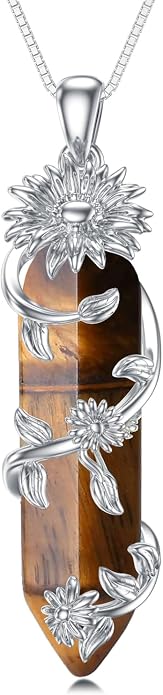 Healing Crystal Necklace 925 Sterling Silver Sunflower/Tree of Life Wrapped Pendant Reiki Energy Jewelry for Women
