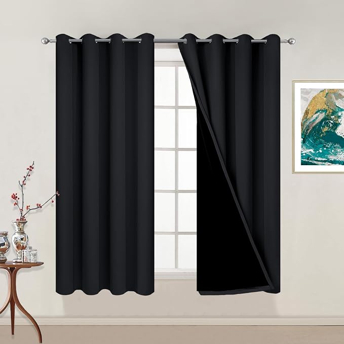Yakamok Black 100% Blackout Curtains 54 Inches Long for Bedroom 52" Wide | Blackout Curtain Panels for Bedroom, 2 Thick Layers Grommet Top Thermal Insulated Drapes with Black Liner for Living Room