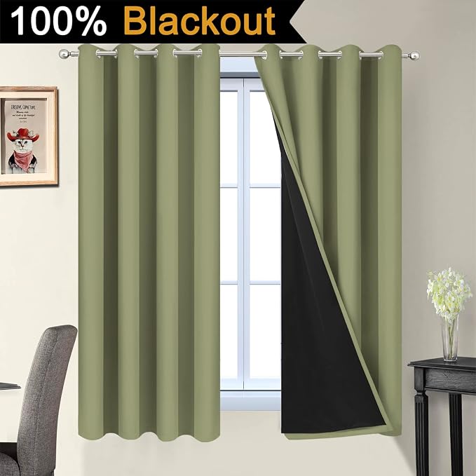 Yakamok 100% Blackout Window Curtain Panels, Heat and Full Light Blocking Drapes with Black Liner for Nursery,Thermal Insulated Draperies (Sage, 2 Pieces, 52Wx63L) | Blackout Curtain Panels for Bedroom, 2 Thick Layers Grommet Top Thermal Insulated Drap...