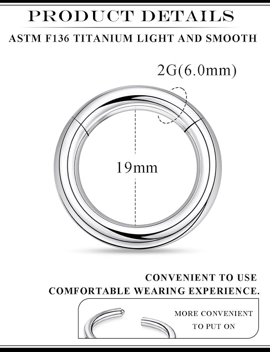 20G 18G 16G 14G 12G 10G 8G 6G 4G 2G Nose Rings Hoops Astm F136 Titanium Clicker Septum Lip Ring Tragus Helix Daith Rook Conch Snug Cartilage Lobe Earrings Hoop Piercing Jewelry For Women Men