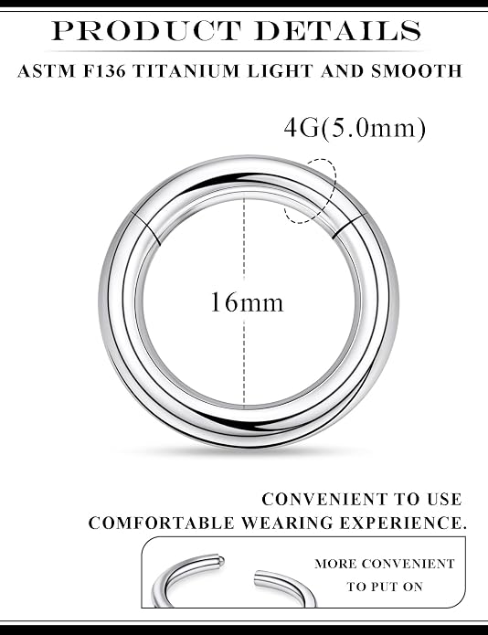 20G 18G 16G 14G 12G 10G 8G 6G 4G 2G Nose Rings Hoops Astm F136 Titanium Clicker Septum Lip Ring Tragus Helix Daith Rook Conch Snug Cartilage Lobe Earrings Hoop Piercing Jewelry For Women Men